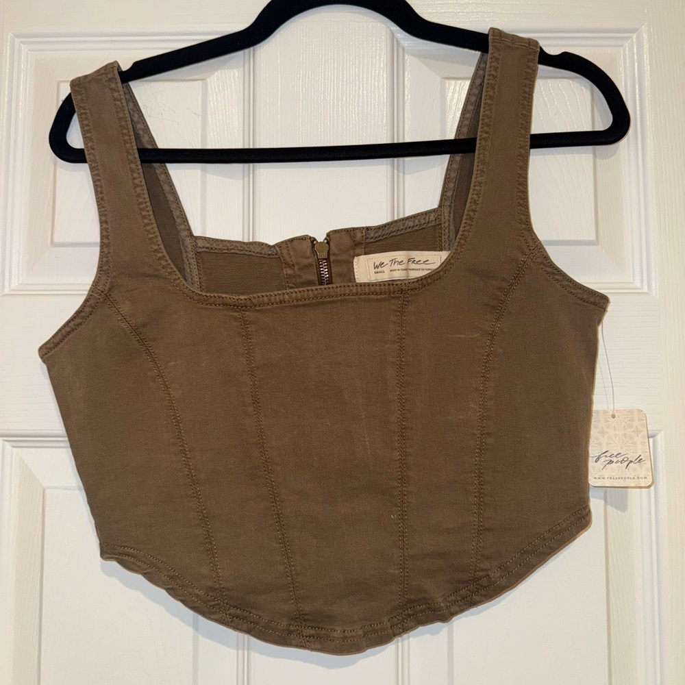 FREE PEOPLE NET CORSET CROPPED TANK, OLIVE BROWN, Size small